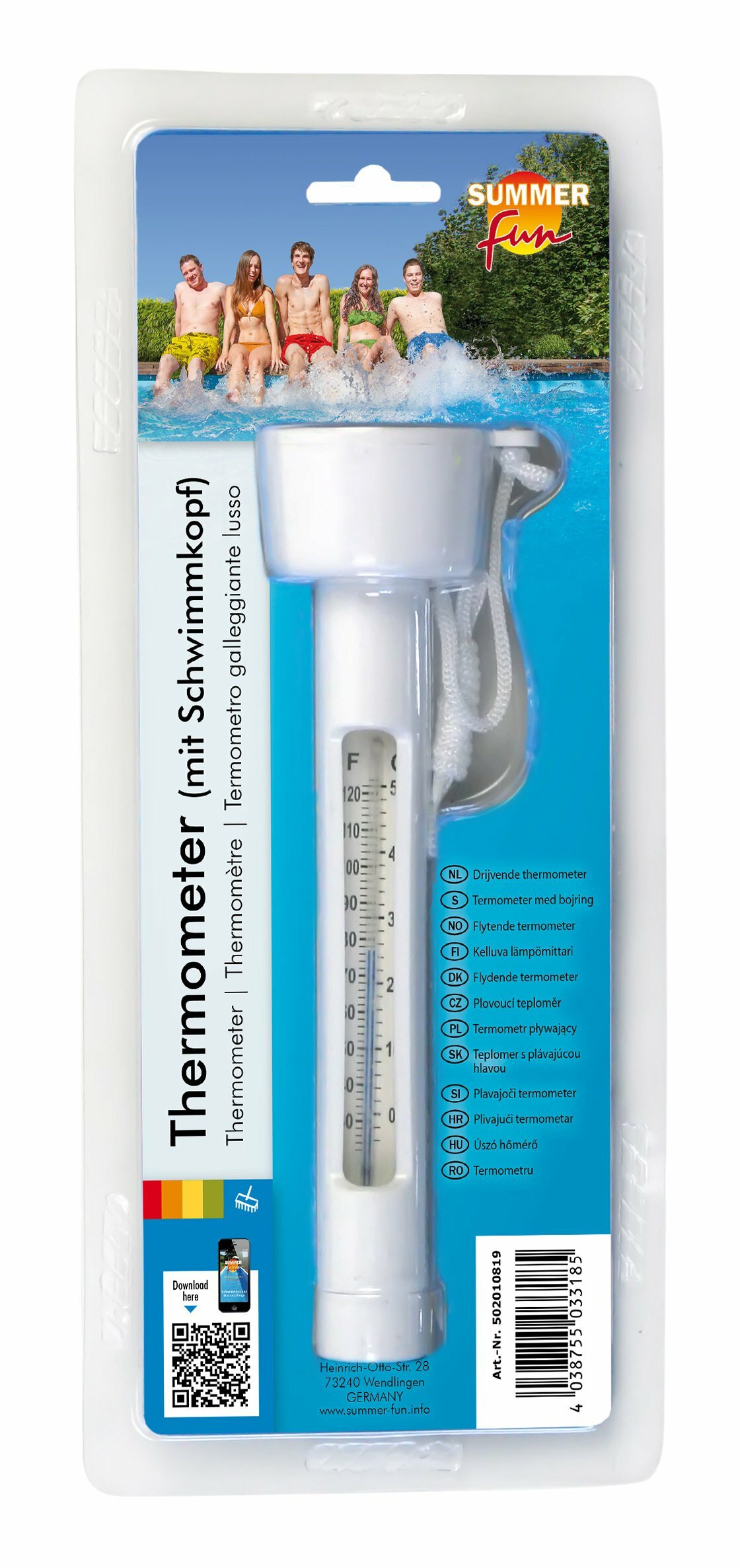 Flytende termometer som måler vanntemperatur i spa, boblebad og basseng. Lett å lese av, slitesterkt og med snor for feste.