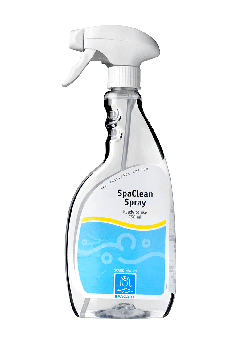 SpaCare Clean Spray fjerner smuss og belegg fra spaets vannlinje, fliser og dusjkabiner. Enkel spray på–tørk av rengjøring.