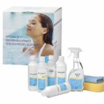 SpaCare vedlikeholdspakke med Filter Cleaner, Biofilm Cleaner, Foam Down, SpaClean Spray og CoverCare Box – alt du trenger for rent og velholdt spa.