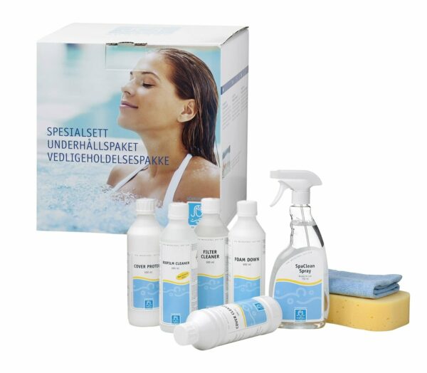 SpaCare vedlikeholdspakke med Filter Cleaner, Biofilm Cleaner, Foam Down, SpaClean Spray og CoverCare Box – alt du trenger for rent og velholdt spa.