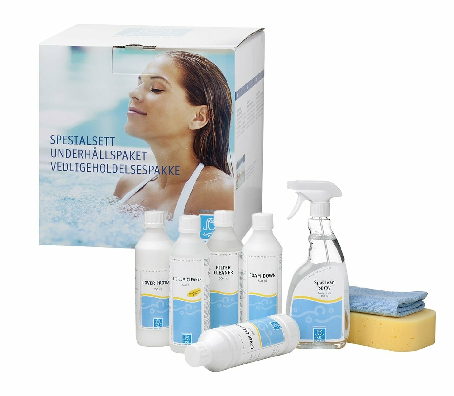 SpaCare vedlikeholdspakke med Filter Cleaner, Biofilm Cleaner, Foam Down, SpaClean Spray og CoverCare Box – alt du trenger for rent og velholdt spa.