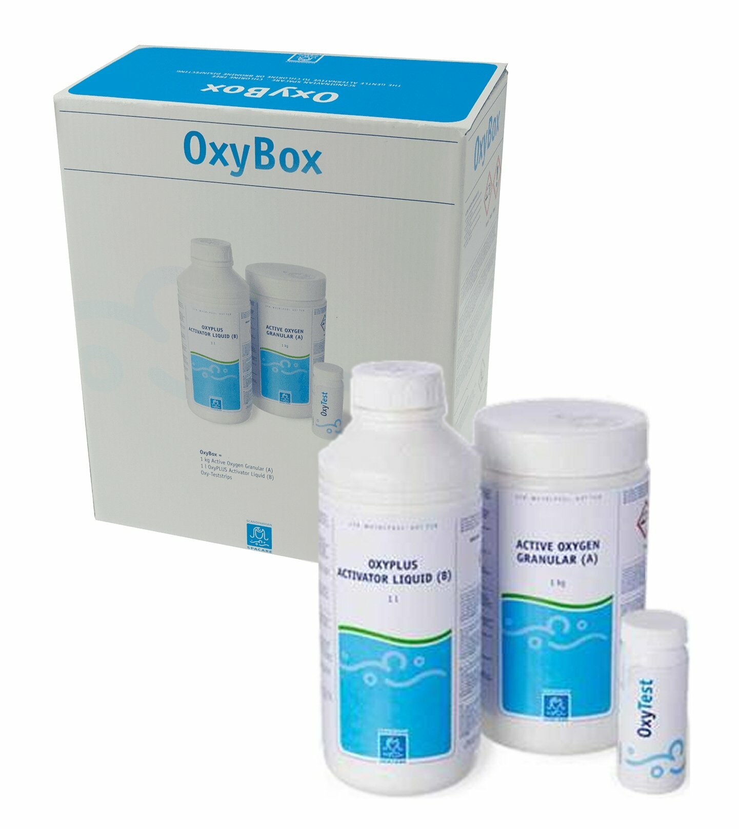 SpaCare OxyBox gir klorfri vannhygiene med aktivt oksygen. Komplett pakke med Oxygen Granular, Activator og teststrips for rent og trygt spa-vann.
