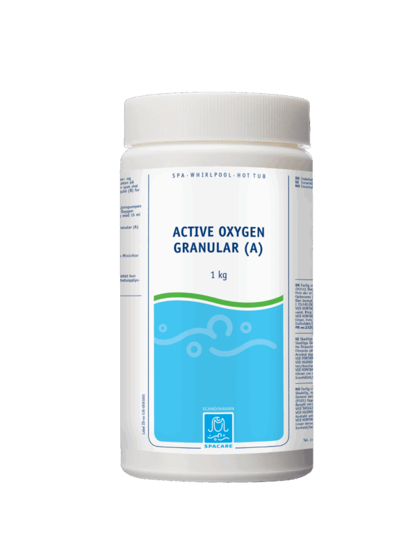 SpaCare Active Oxygen Granular gir effektiv og luktfri desinfeksjon av spa-vann. Brukes med Oxy Plus Activator for rent og trygt massasjebad.